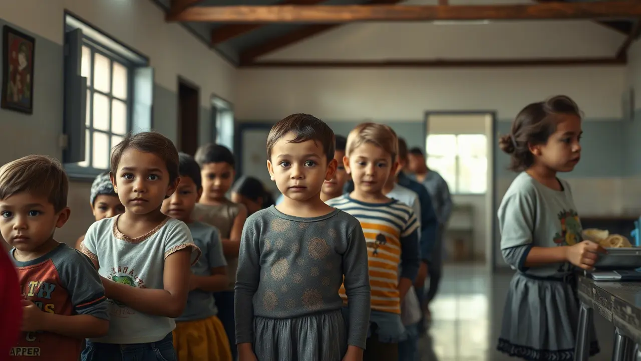 Detained children line up in the cafeteria
